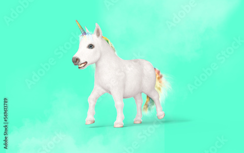 3d Illustration of Mythical Pocket Unicorn Posing Isolate on Pastel Green Background with Clipping Path.