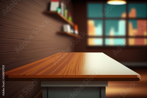 Wood table Top on Abstract blur Empty computer lab room background. Generative AI