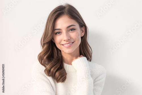 Foto Woman in a white sweater on a white background. Generative AI
