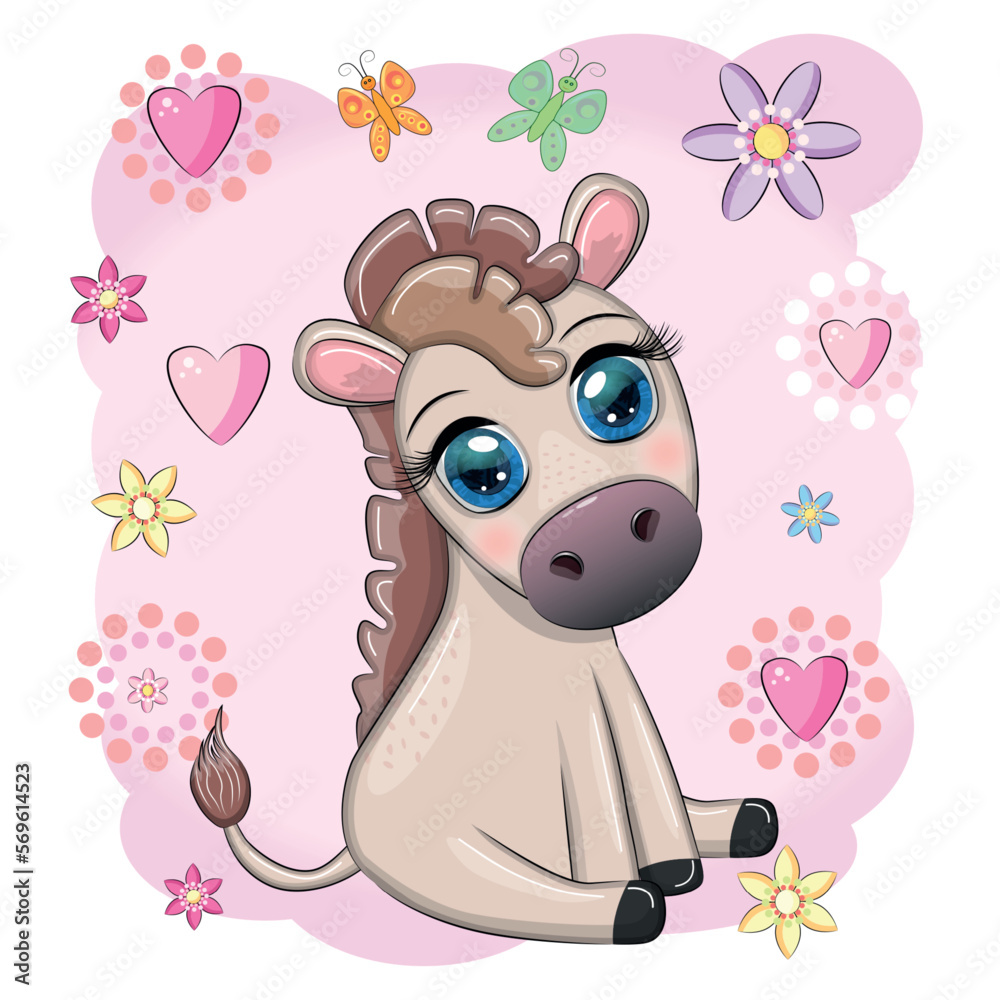 Cute donkey in flowers, with balloons, spring theme. Postcard for the holiday. Cute donkey in flowers, with balloons, spring theme. Postcard for the holiday.