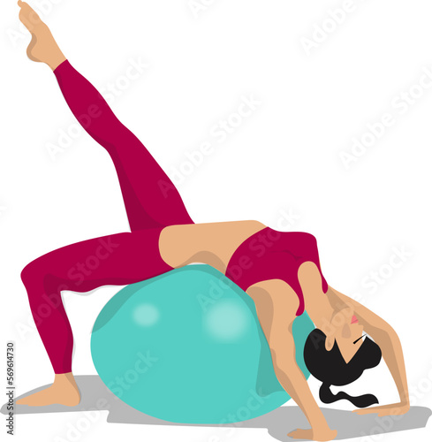 The girl is engaged in fitness. She lies on her back on an exercise ball.