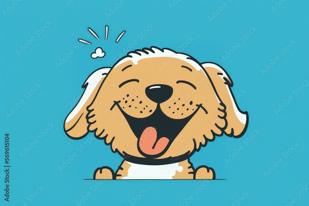 Fototapeta premium On a blue background, a smiling, happy puppy dog can be seen with its eyes closed. Generative AI