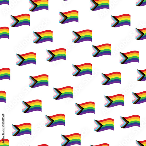 Seamless pattern with new lgbt flag, hearts, text, flower and flag. Gay pride. Pride Month. Love, lgbtq