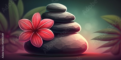 Zen stones in a holistic health idea with a deep red plumeria flower and a hazy background. Type body  mind  and soul. Generative AI