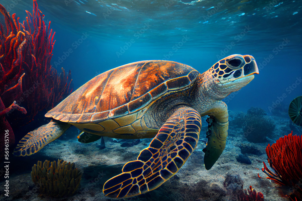 Fototapeta premium Close up underwater wild turtle floating over blue beautiful natural ocean background, with sunlight through water surface. Generative AI painting