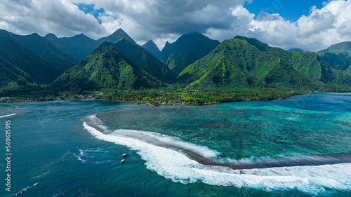 Aerial of Teahupoo wave and Tahiti Iti, Society Islands, French Polynesia, South Pacific, Pacific photo