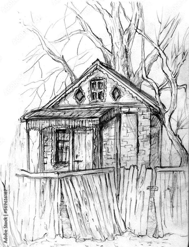 Pencil sketch of an old house with a fence on a white background. Drawn ...