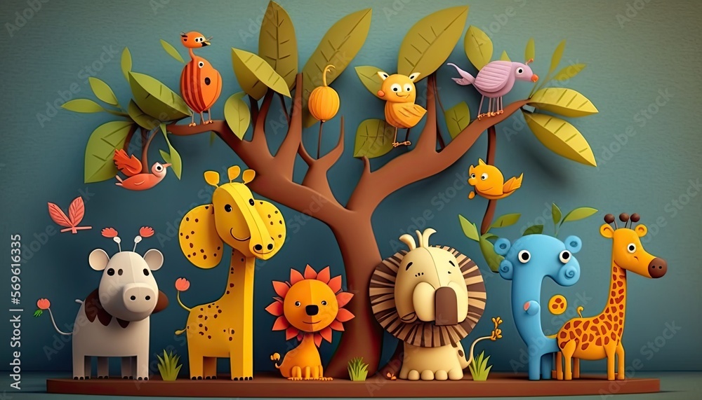 Obraz premium Jungle Playtime: A fun and lively scene of cute animals having fun on the branches in the tropics. The animals full of energy, each with unique expressions and poses. The mood is light generative ai