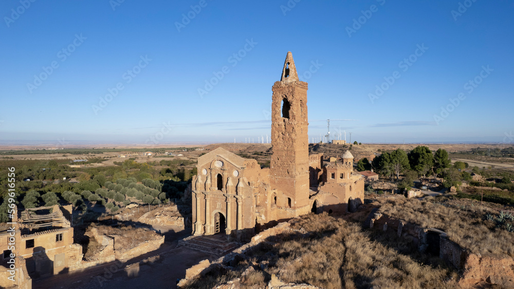 church ruins St. Martin of Tours in Belchite at sunset