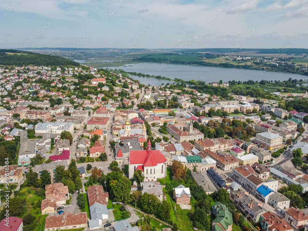 Aerial vIew city of Berezhany by drone. Summer Ukraine Ternopil region, West Ukraine.
