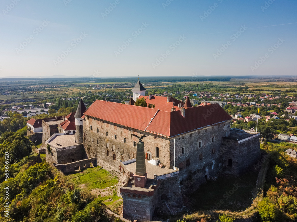 Aerial vIew by drone. Summer. Mukachevo. Palanok castle, fortess, Zakarpattia Ukraine Castles 
