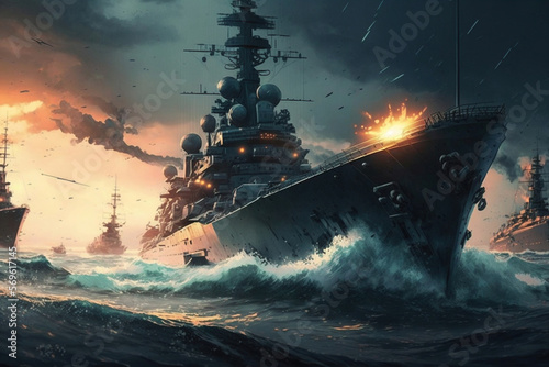 Fotografia Modern warships fighting on the sea battlefield, war zone, Generative AI