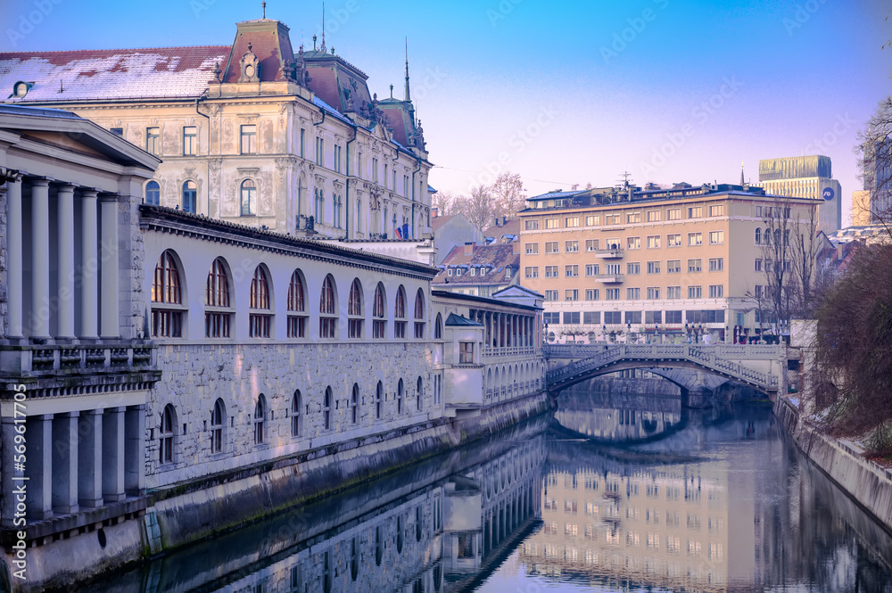Ljubljanica river across Ljubljana with bridges and historic architecture