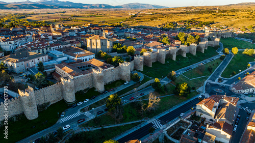 Early morning aerial of the walled city of Avila, UNESCO World Heritage Site, Castilla y Leon, Spain, Europe