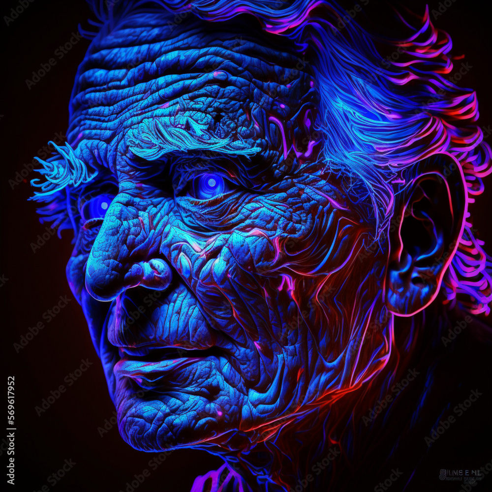 surrealist face of an wise old person made with neon 