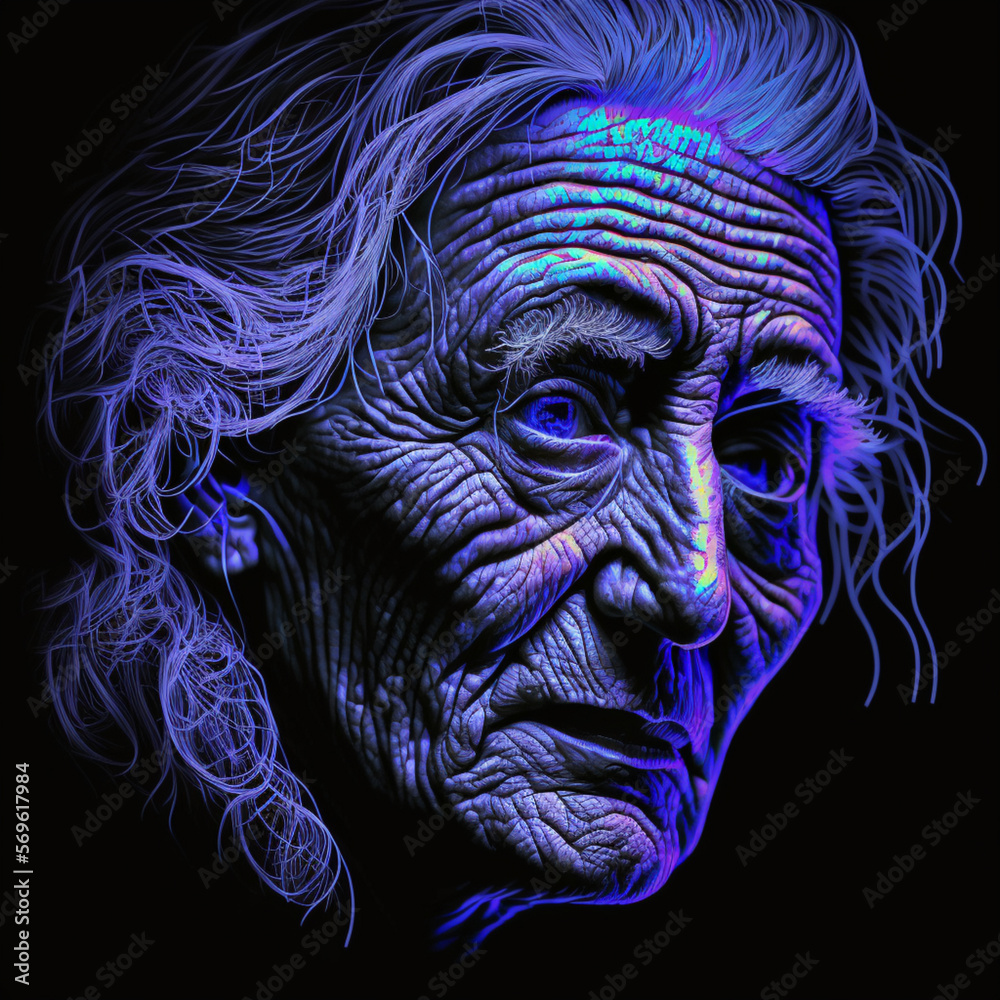 surrealist face of an wise old person made with neon