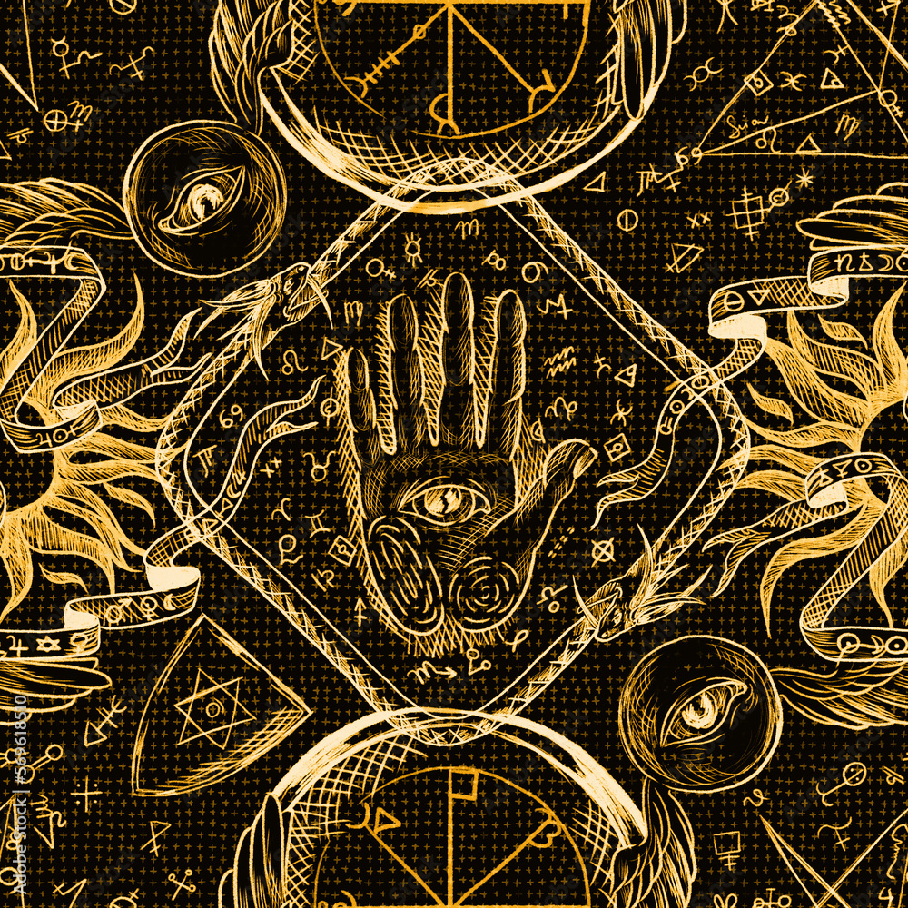 Seamless pattern with magical elements: hands, stars, sun,moon,eyes.