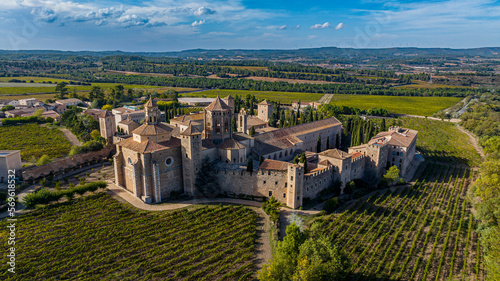 Aerial of Poblet Abbey, UNESCO World Heritage Site, Catalonia, Spain, Europe photo