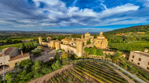 Aerial of Poblet Abbey, UNESCO World Heritage Site, Catalonia, Spain, Europe photo