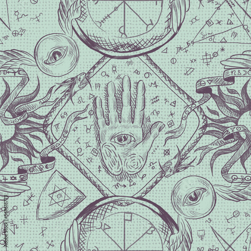 Seamless pattern with magical elements  hands  stars  sun moon eyes.