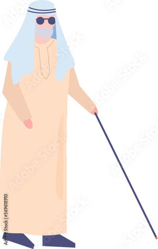 A blind Arab man walks with a stick.