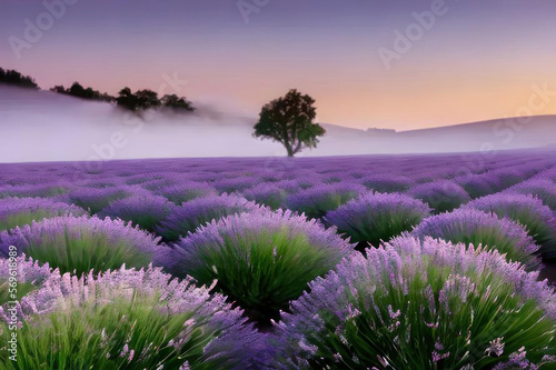 Lavender field and fog. AI generated.