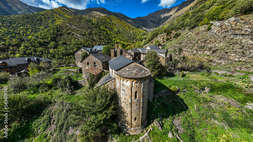 Aerial of the Romanesque church of Santa Maria de Cardet, UNESCO World Heritage Site, Vall de Boi, Catalonia, Spain, Europe photo