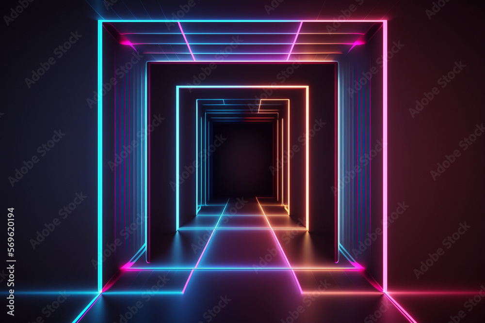 glowing lines, tunnel, neon lights, virtual reality, abstract background, square portal, arch, pink blue spectrum vibrant colors, laser show Generative AI