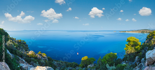 Morning Aegean Sea coastline and Kastri beach (on the right). Summer top view (Nikiti, Sithonia, Halkidiki, Greece).