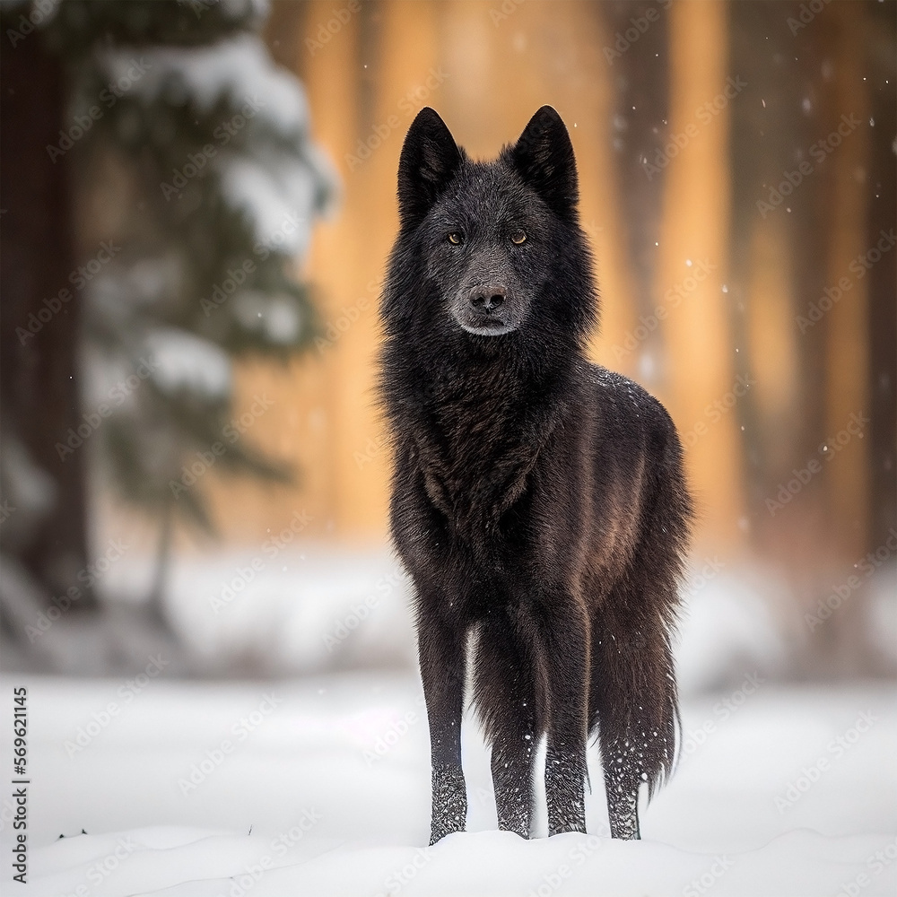 Naklejka premium Black Wolf Standing in the Snow - Wildlife Photography