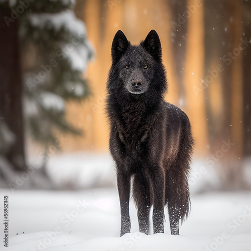Black Wolf Standing in the Snow - Wildlife Photography