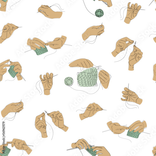 Collection. Human hands knitting and sewing with a needle and thread. Seamless pattern in art nouveau style in one line. Solid line, sketches, posters, murals, stickers, logo. vector illustration