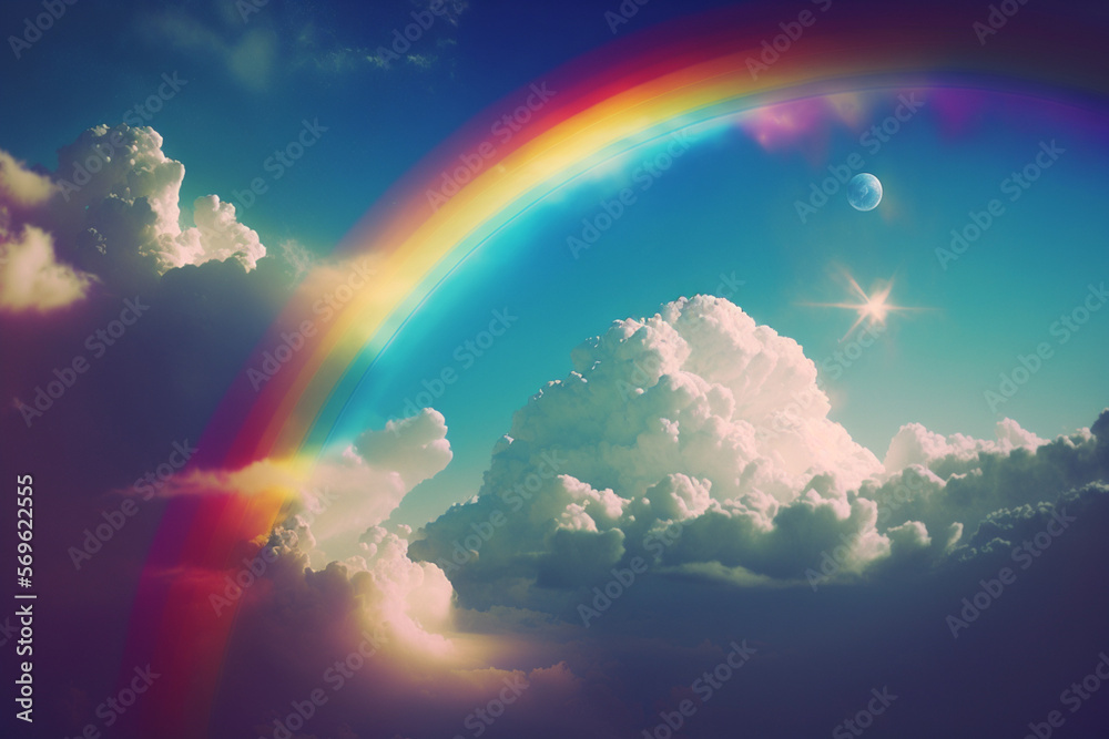 Sky and rainbow Wide blue sky with pretty clouds, a bright sun shining background Generative AI