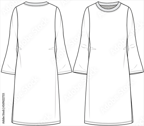 FRONT AND BACK SKETCH OF LONG FLARED SLEEVES KNIT DRESS WITH SIDE SLIT FOR TEEN GIRLS, YOUNG WOMEN AND WOMEN IN VECTOR ILLUSTRATION