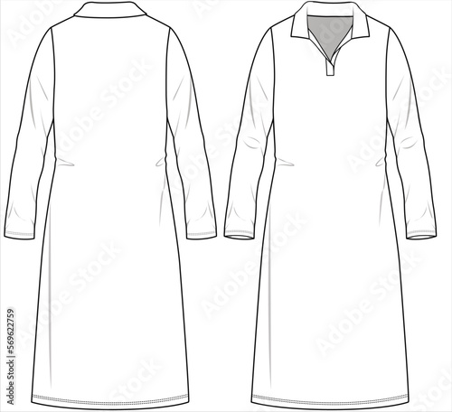FRONT AND BACK SKETCH OF LONG SLEEVES CONVERTIBLE COLLAR KNIT DRESS WITH SIDE SLIT FOR TEEN GIRLS, YOUNG WOMEN AND WOMEN IN VECTOR ILLUSTRATION