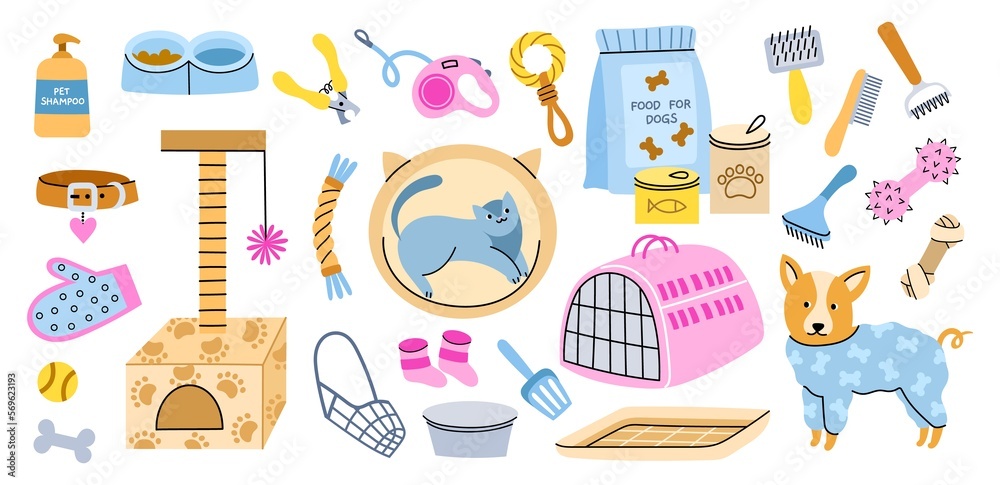 Different pets shop elements. Cartoon animals care accessories, bowls, carriers and collars, cat and dog food, toys and bowls, vector set