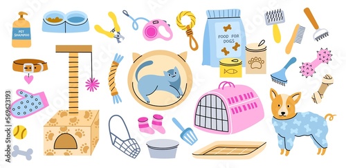 Different pets shop elements. Cartoon animals care accessories, bowls, carriers and collars, cat and dog food, toys and bowls, vector set