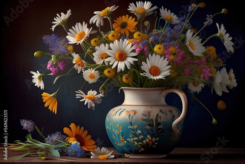 Chamomile And Other Colorful Flowers In Vase Generative AI
