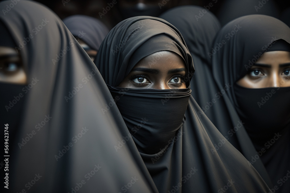 Crowd of young women in traditional Muslim hijab portrait face looking camera on city street amidst crowds protest in street, black hijab headscarf, discrimination against women, rally. Generative AI
