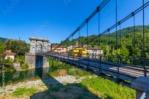 Ponte delle Catene (Bridge of Chains), suspension bridge, linking Fornoli and Chifenti, River Lima, Tuscany, Italy, Europe photo