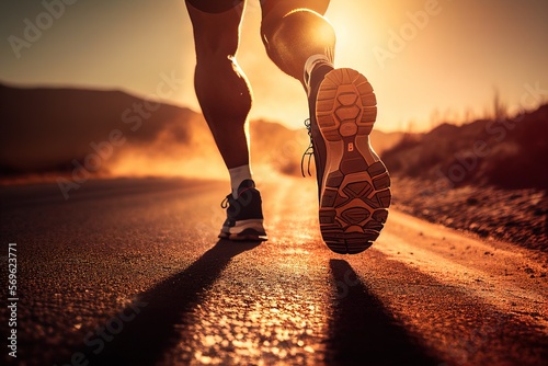 Runner Athlete Feet Running On Road Under Sunlight Generative AI