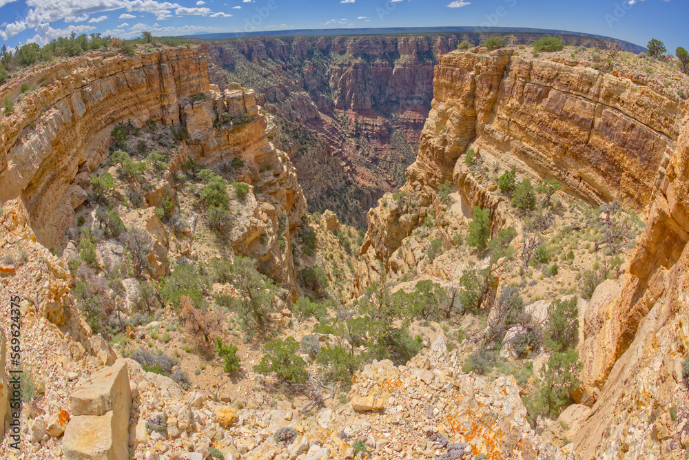 Fisheye view of a deep chasm near Papago Point at Grand Canyon with