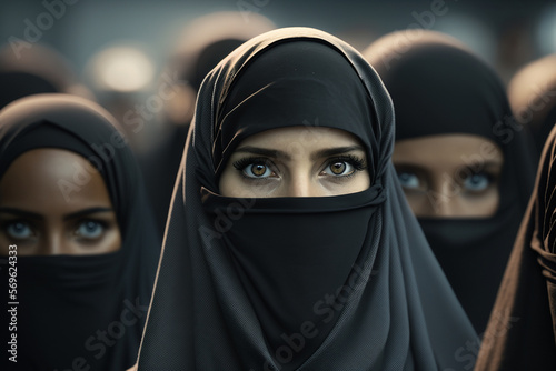 Crowd of young women in traditional Muslim hijab portrait face looking camera on city street amidst crowds protest in street, black hijab headscarf, discrimination against women, rally. Generative AI