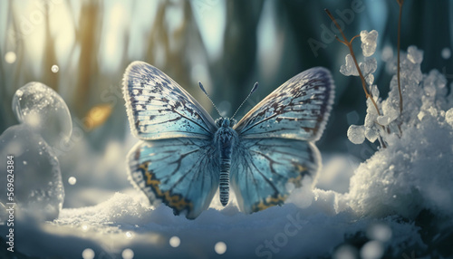 In ice and snowA light blue ice butterfly falls Generative AI photo