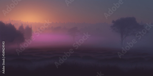 Early morning Fog. Twilight Golden Hour Landscape. Foggy. Trees. Generative AI.