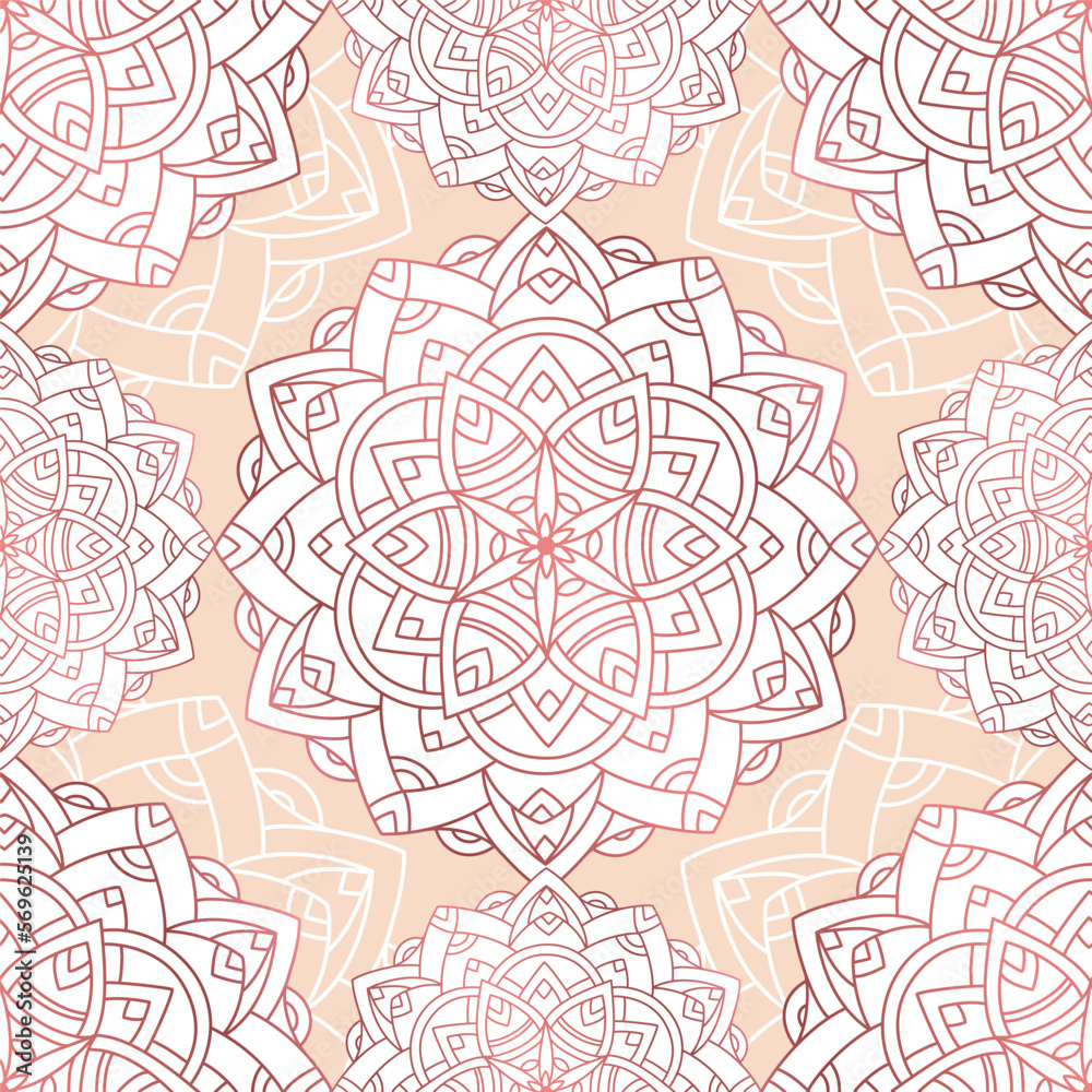 Abstract seamless pattern of luxury mandala with floral elements. Decorative vintage ornament on a pink background. Ethnic mosaic oriental vector illustration for wallpaper, wrapping paper, fabric Abstract seamless pattern of luxury mandala with floral elements. Decorative vintage ornament on a pink background. Ethnic mosaic oriental vector illustration for wallpaper, wrapping paper, fabric