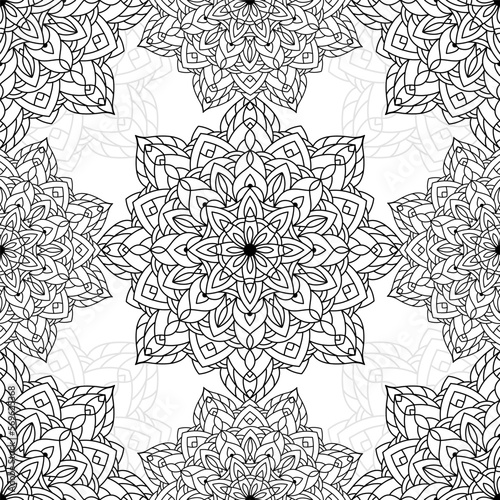 Abstract seamless pattern of mandala with floral elements. Decorative vintage black ornament on white background. Ethnic mosaic oriental vector illustration for wallpaper  wrapping paper  fabric
