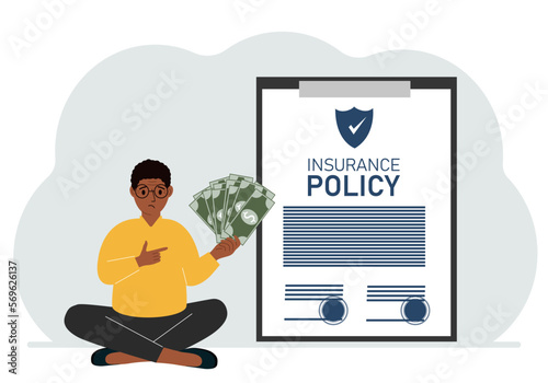 A man holds cash in his hands next to a large insurance policy. The concept of registration and payments under the insurance policy.