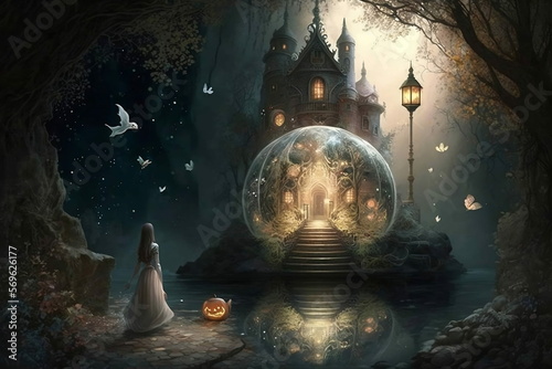 Princess standing and looking at the castle in fairy tale with the dome in the entrance  photo