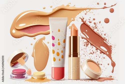 White Background with Isolated White Cosmetic Cream. Tear Shape Skin Tone CC Cream. lip gloss smear. Lipstick Smudge Swatches of cosmetic BB makeup Stroke with a Drop of Liquid Foundation. Grooming Su photo